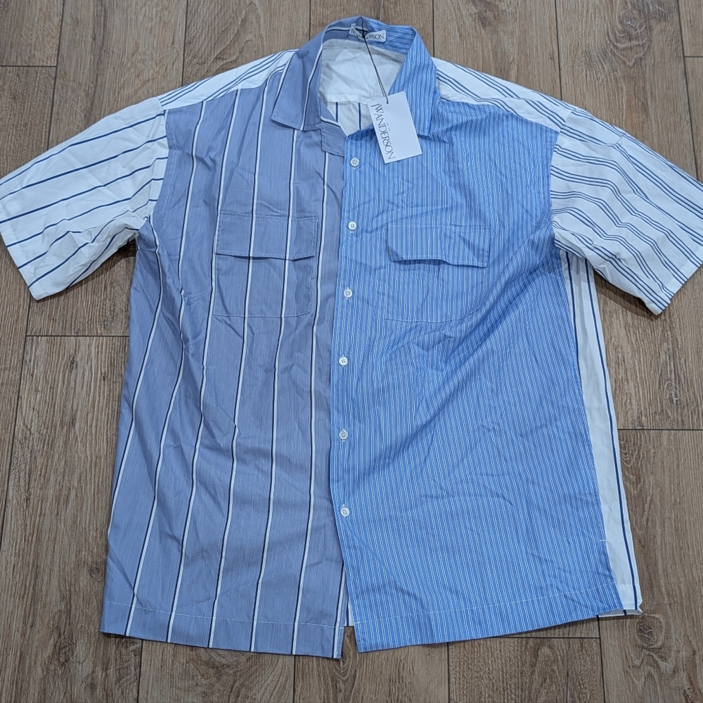 $535 Mens JW Anderson Mixed Stripe SS Button Up Shirt Light Blue 52 XL